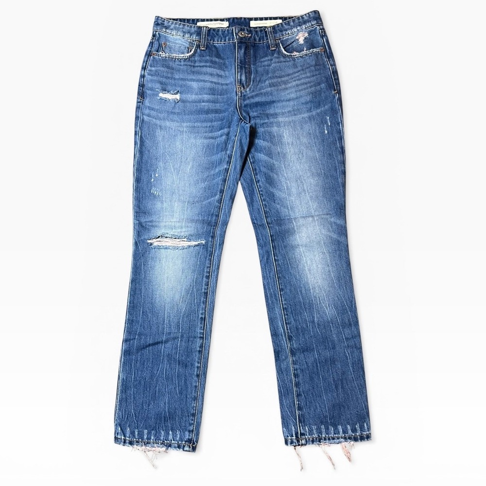 Pilcro Anthropologie Slim Boyfriend Distressed Jeans 28 Blue Frayed Hem Mid Rise